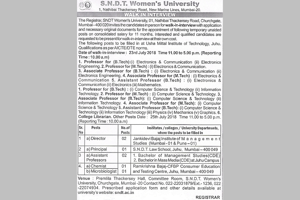 Walk In Interview for various Teaching Posts on 23rd July 2018(UMIT) and 25th July 2018 (Other Institutes) at Churchgate Campus