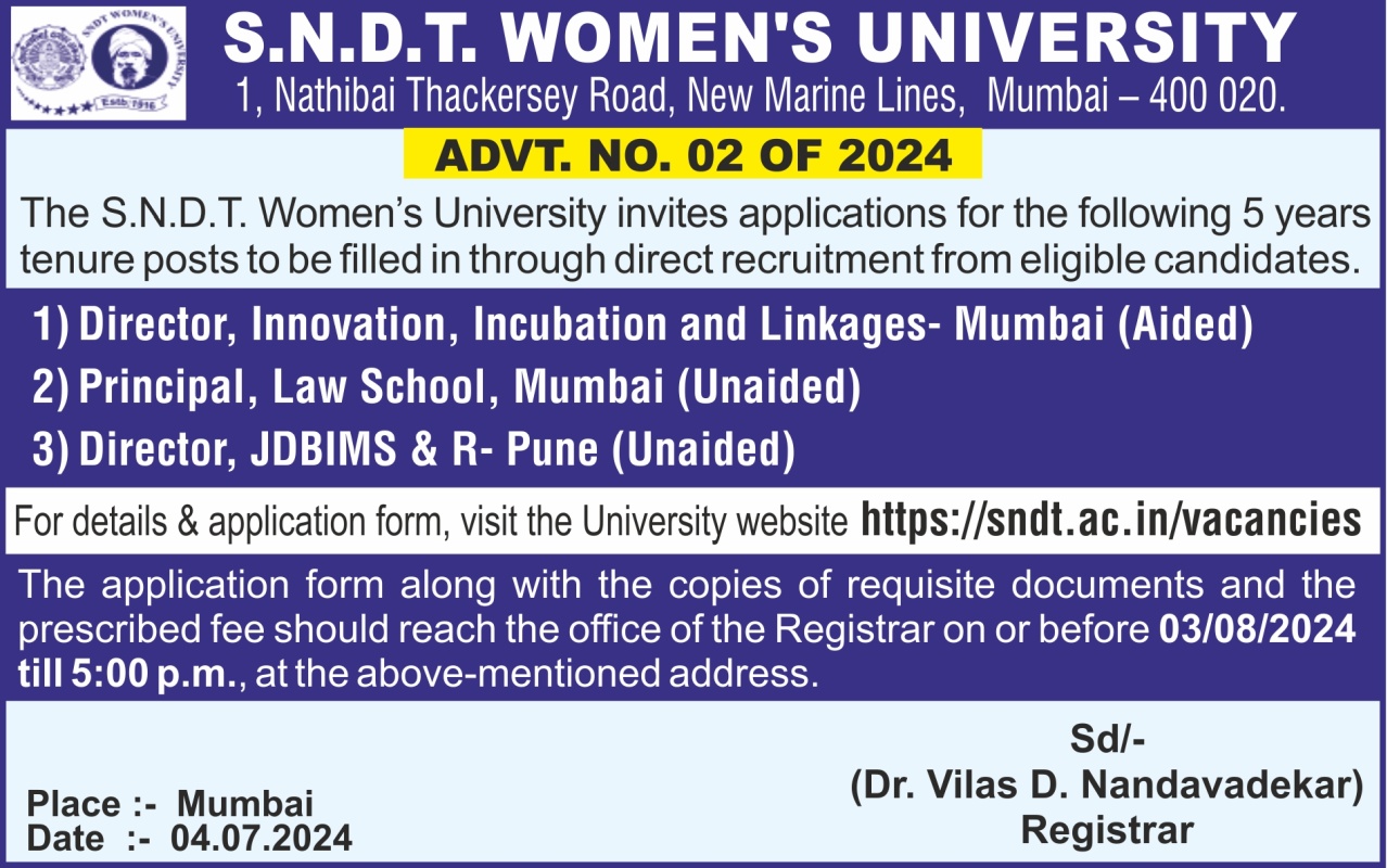 Advertisement No. 02 of 2024 for the Various Post At SNDTWU