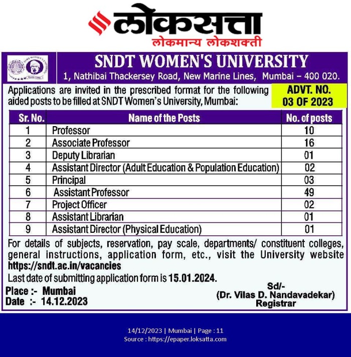 Advertisement No. 03 Of 2023 for the Various Teaching Post at SNDTWU